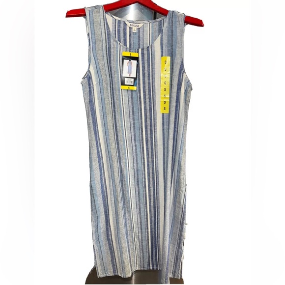 NEW BLUE WHITE LINEN VERTICAL STRIPE Long Dress Pockets Stretchy Beach Summer S - Picture 5 of 12